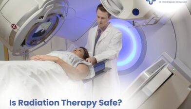 Cancer patient receiving radiation therapy treatment safely under medical supervision