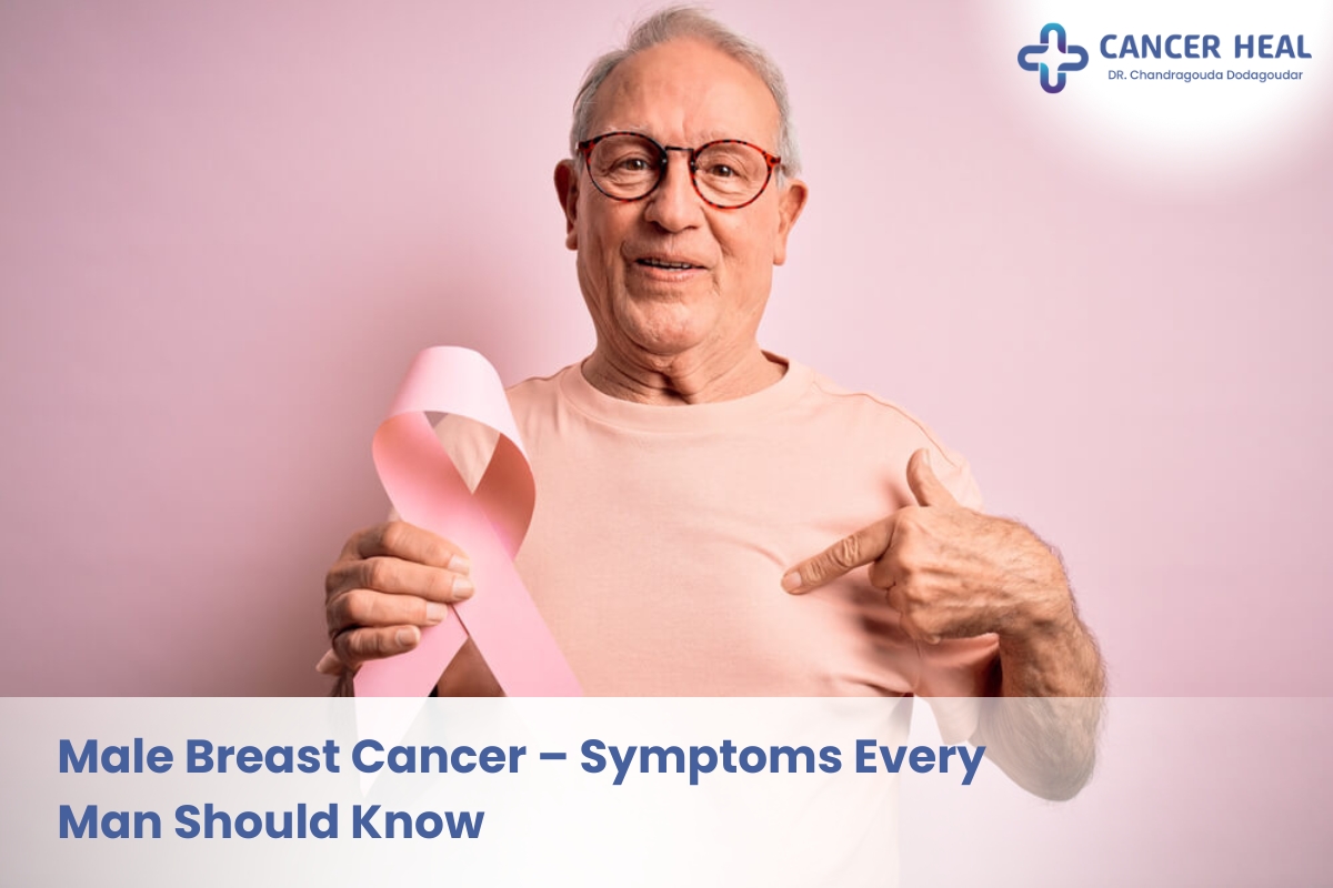 Male chest diagram showing early warning signs of breast cancer in men