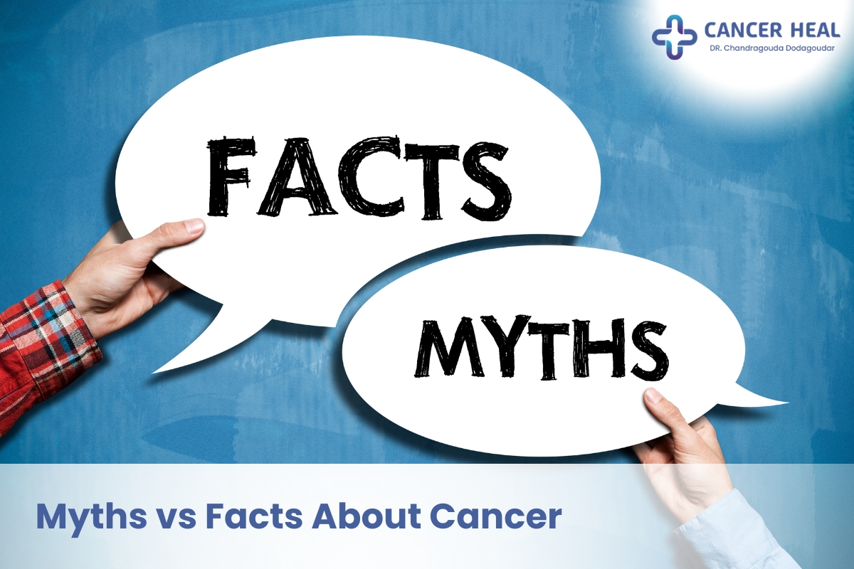 Cancer myths vs facts illustration explaining common misconceptions and scientific truths about cancer